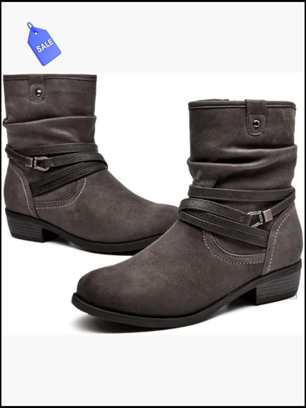 Slouchy Mid-Calf Bootie, Round Toe, Low Block Heel, Side Zipper, Buckle Strap